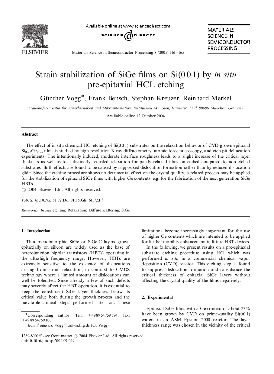 Strain stabilization of SiGe films on Si(0Â 0Â 1) by in situ pre-epitaxial HCL etching