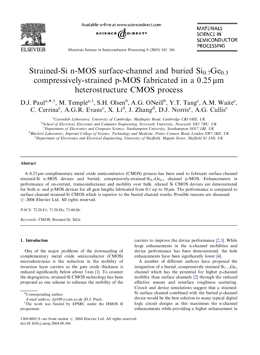 Strained-Si n-MOS surface-channel and buried Si0.7Ge0.3 compressively-strained p-MOS fabricated in a 0.25Â Î¼m heterostructure CMOS process