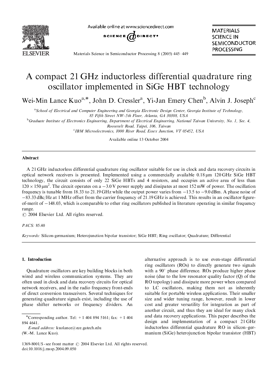 A compact 21Â GHz inductorless differential quadrature ring oscillator implemented in SiGe HBT technology