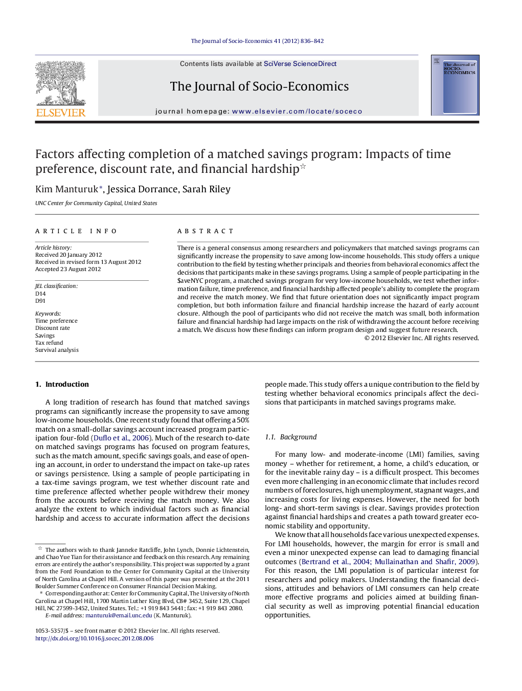 Factors affecting completion of a matched savings program: Impacts of time preference, discount rate, and financial hardship 