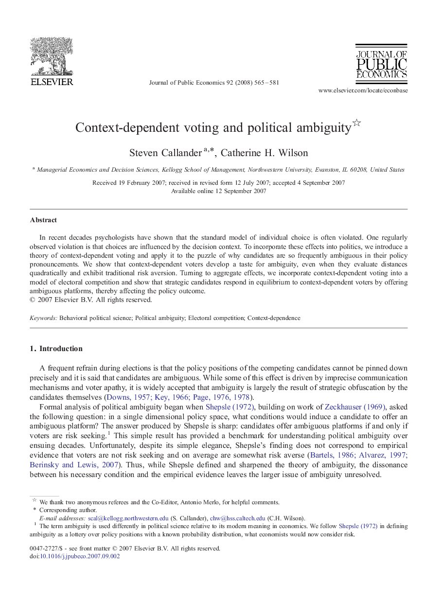 Context-dependent voting and political ambiguity 