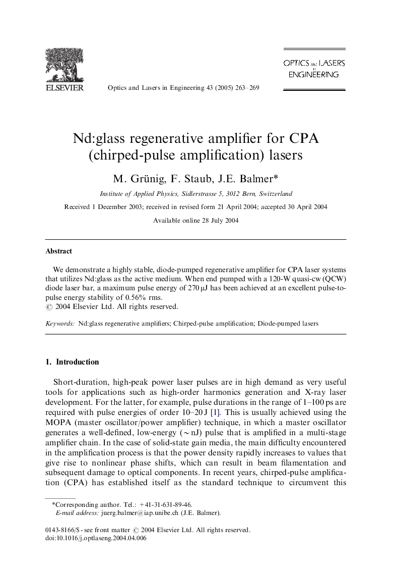 Nd:glass regenerative amplifier for CPA (chirped-pulse amplification) lasers