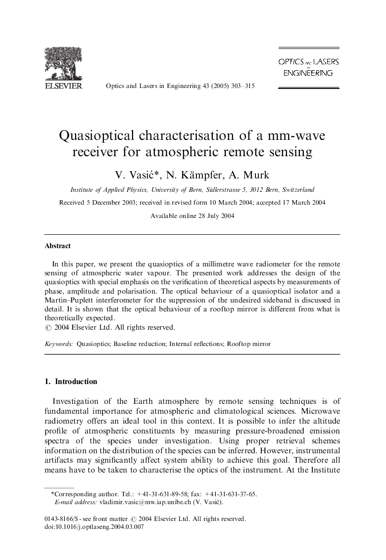 Quasioptical characterisation of a mm-wave receiver for atmospheric remote sensing