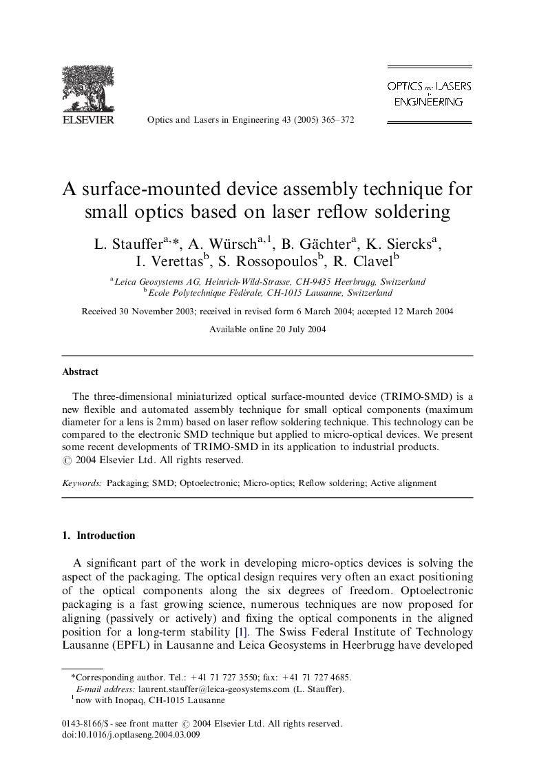 A surface-mounted device assembly technique for small optics based on laser reflow soldering