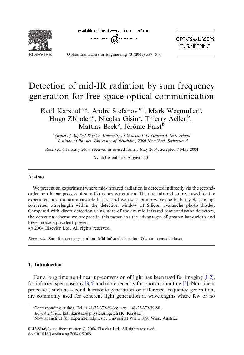 Detection of mid-IR radiation by sum frequency generation for free space optical communication