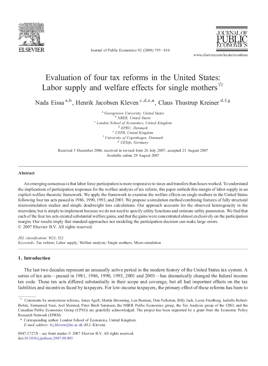 Evaluation of four tax reforms in the United States: Labor supply and welfare effects for single mothers 