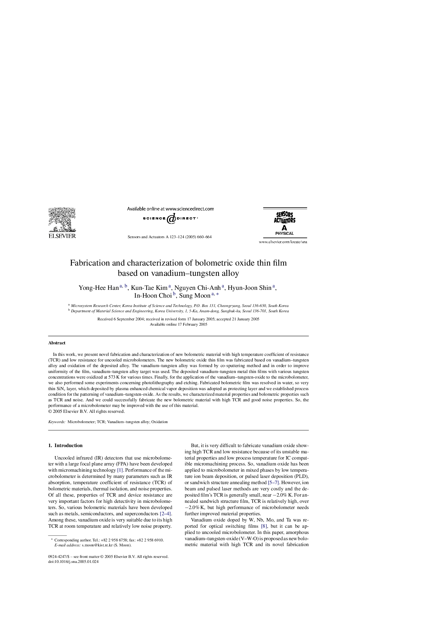 Fabrication and characterization of bolometric oxide thin film based on vanadium-tungsten alloy