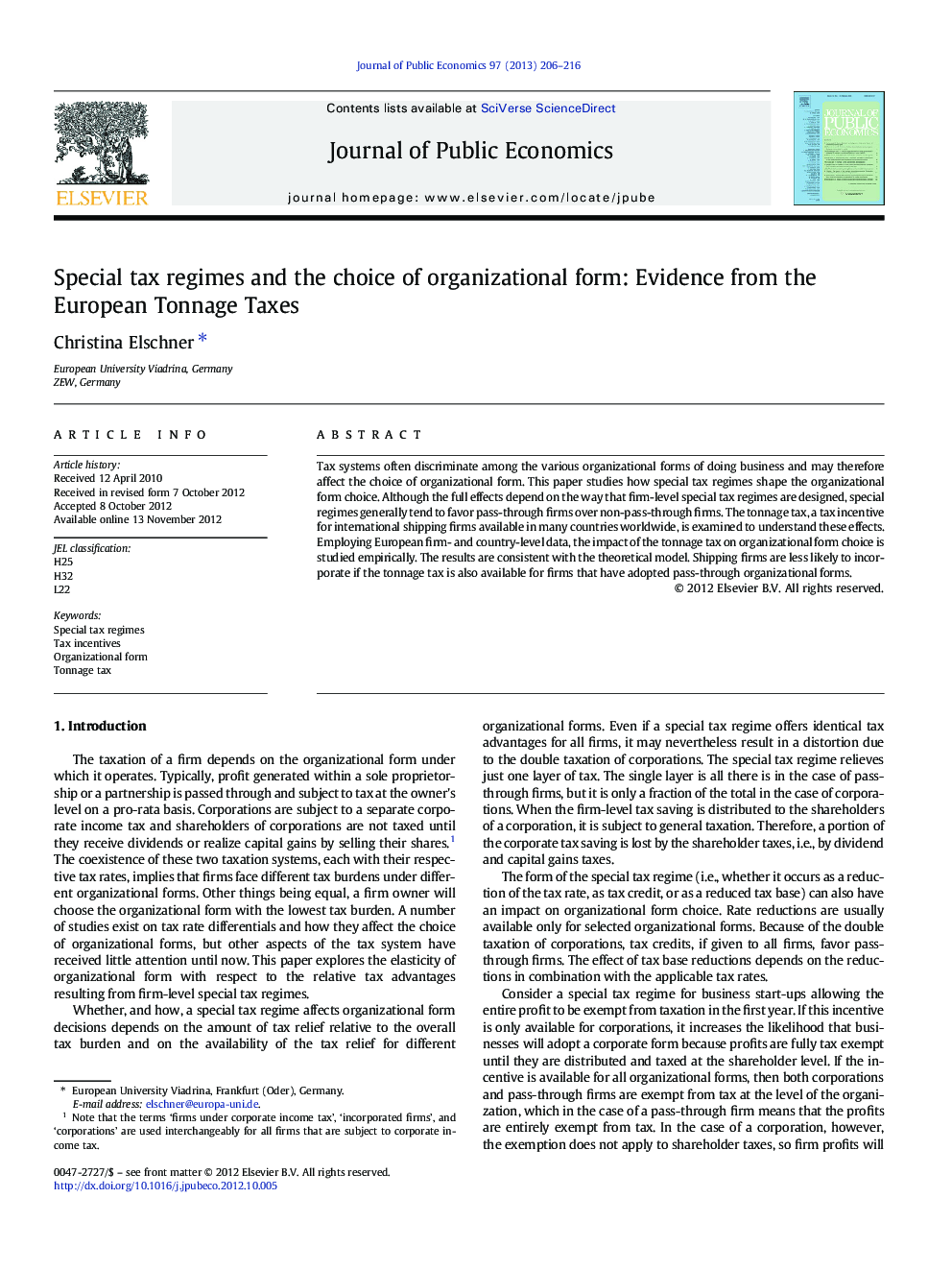 Special tax regimes and the choice of organizational form: Evidence from the European Tonnage Taxes