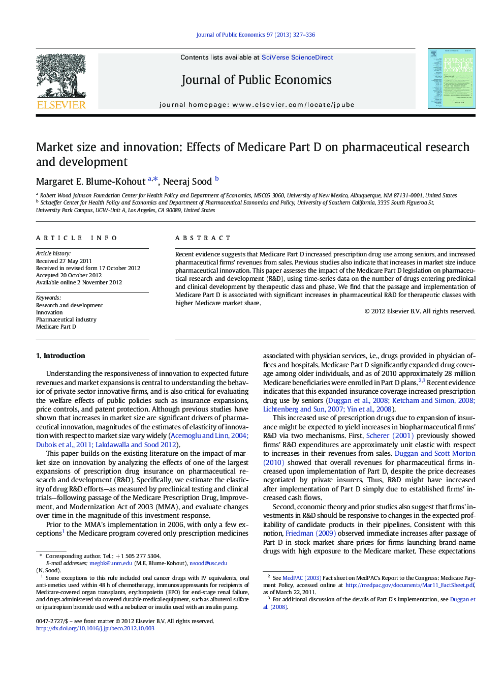 Market size and innovation: Effects of Medicare Part D on pharmaceutical research and development