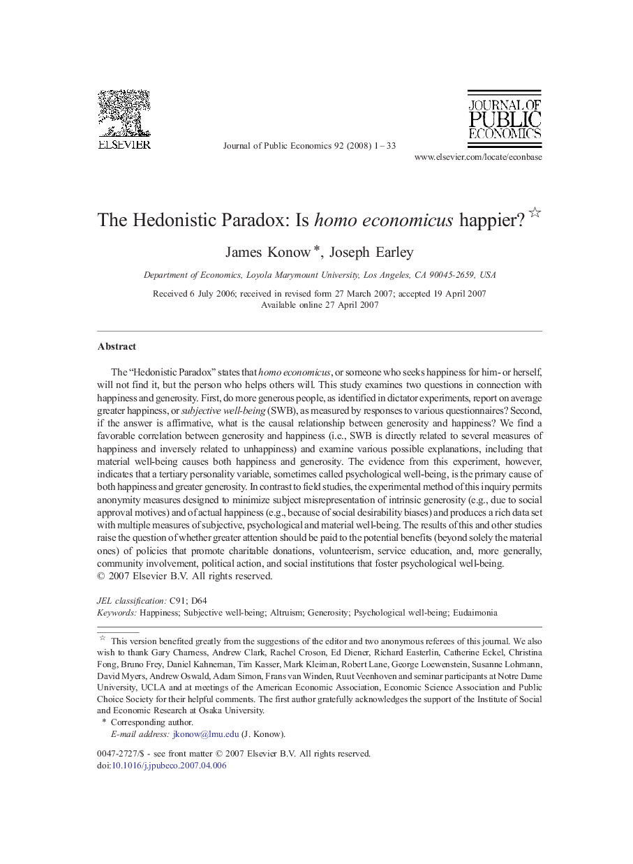 The Hedonistic Paradox: Is homo economicus happier? 