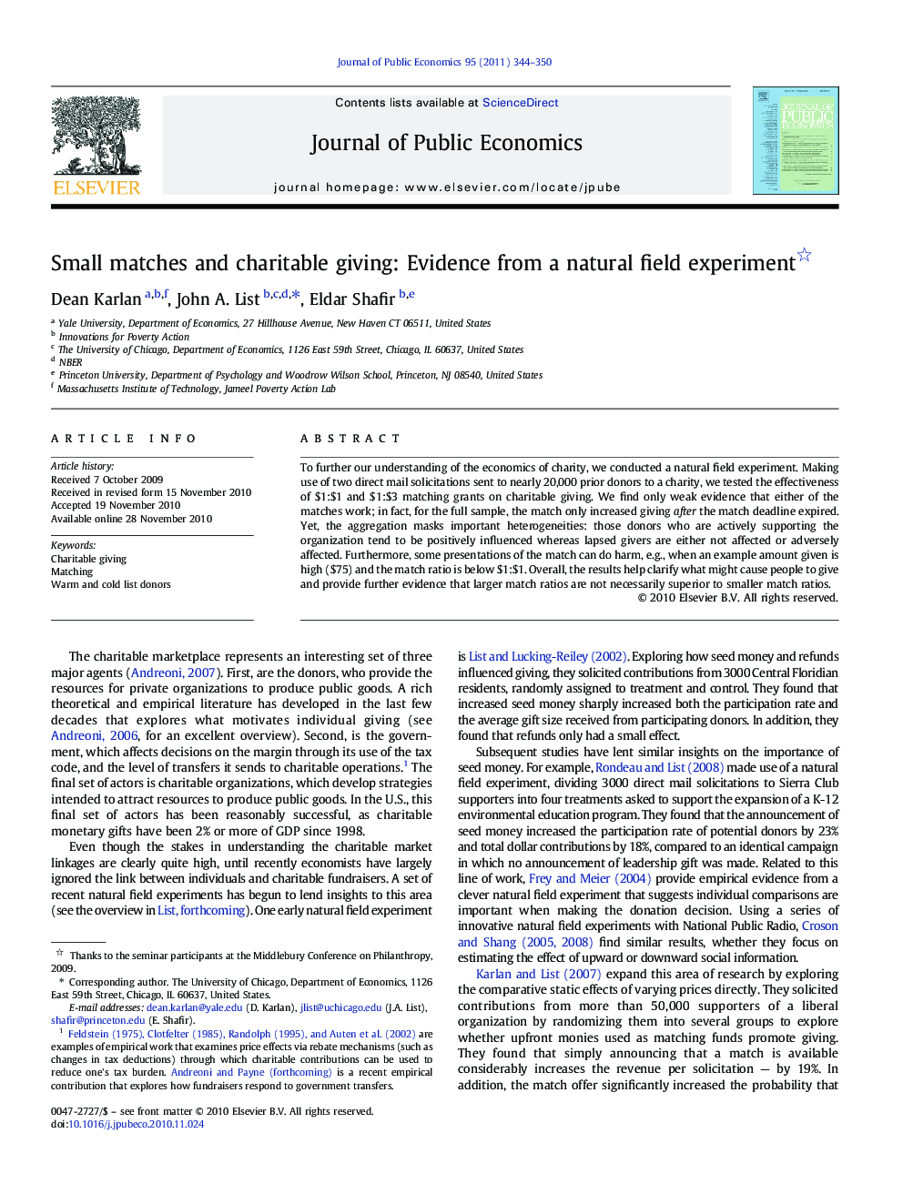 Small matches and charitable giving: Evidence from a natural field experiment 