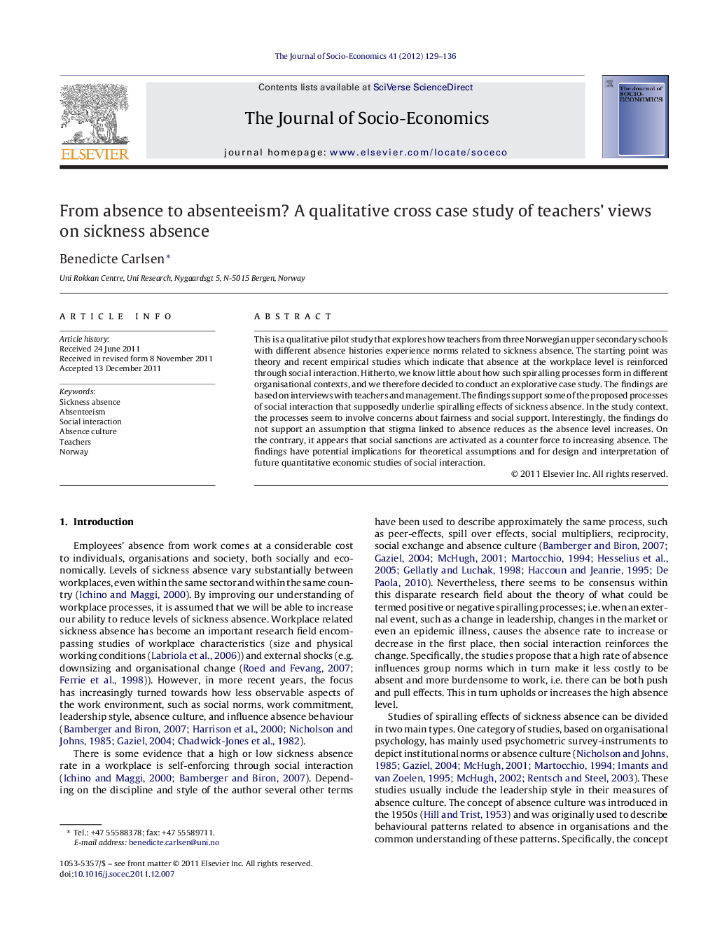 From absence to absenteeism? A qualitative cross case study of teachers’ views on sickness absence