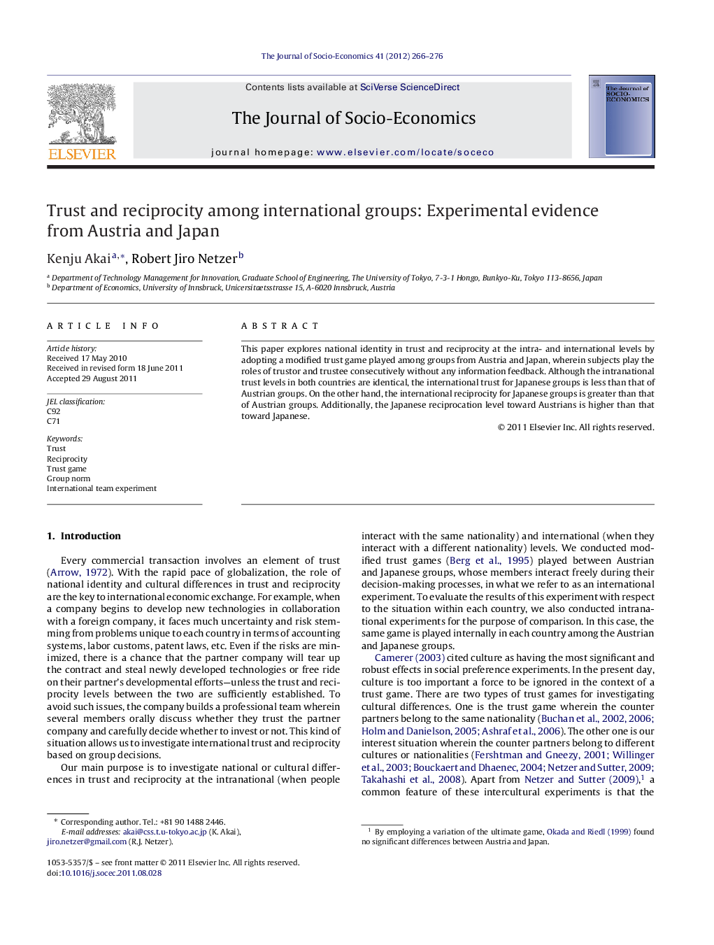 Trust and reciprocity among international groups: Experimental evidence from Austria and Japan