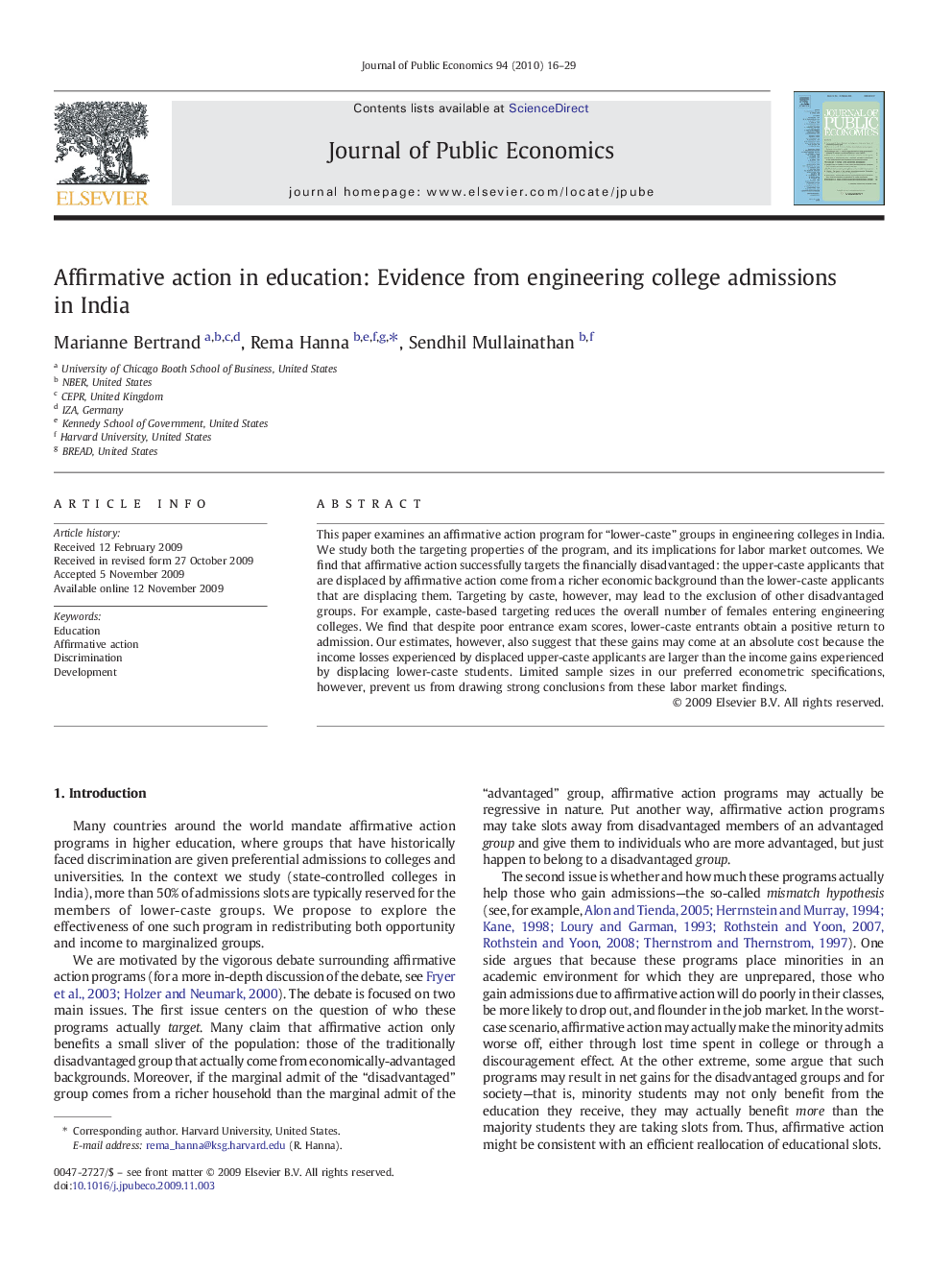 Affirmative action in education: Evidence from engineering college admissions in India