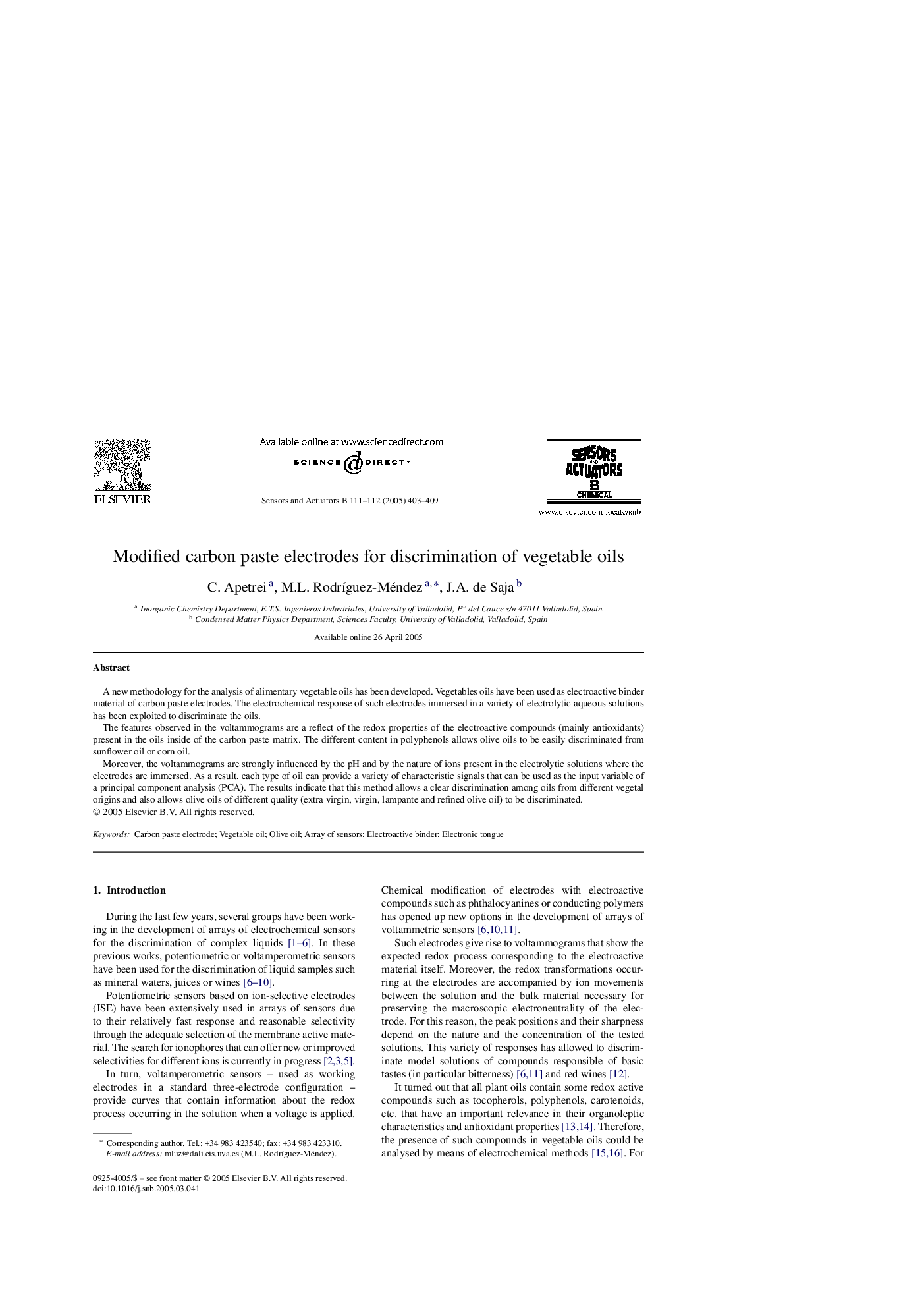 Modified carbon paste electrodes for discrimination of vegetable oils