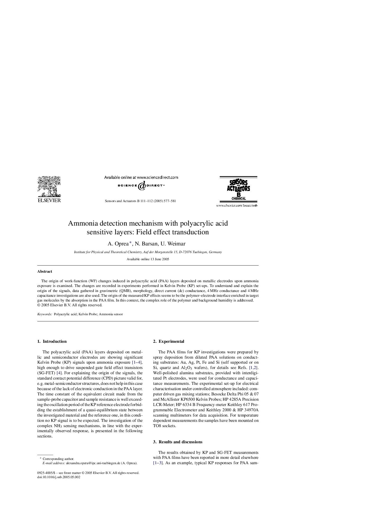 Ammonia detection mechanism with polyacrylic acid sensitive layers: Field effect transduction