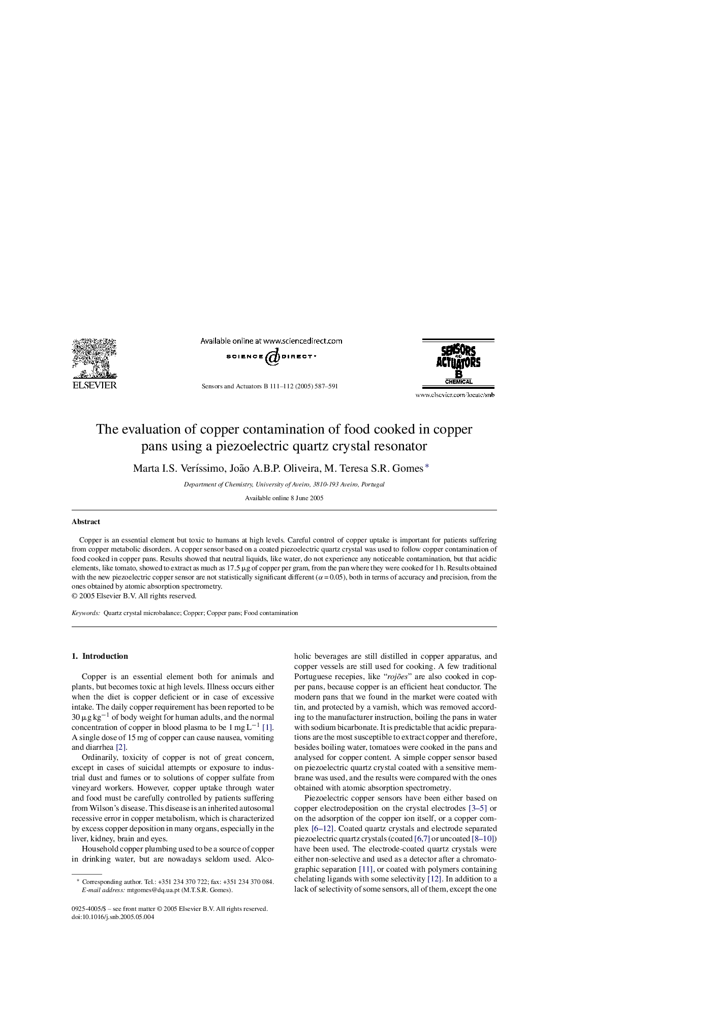 The evaluation of copper contamination of food cooked in copper pans using a piezoelectric quartz crystal resonator