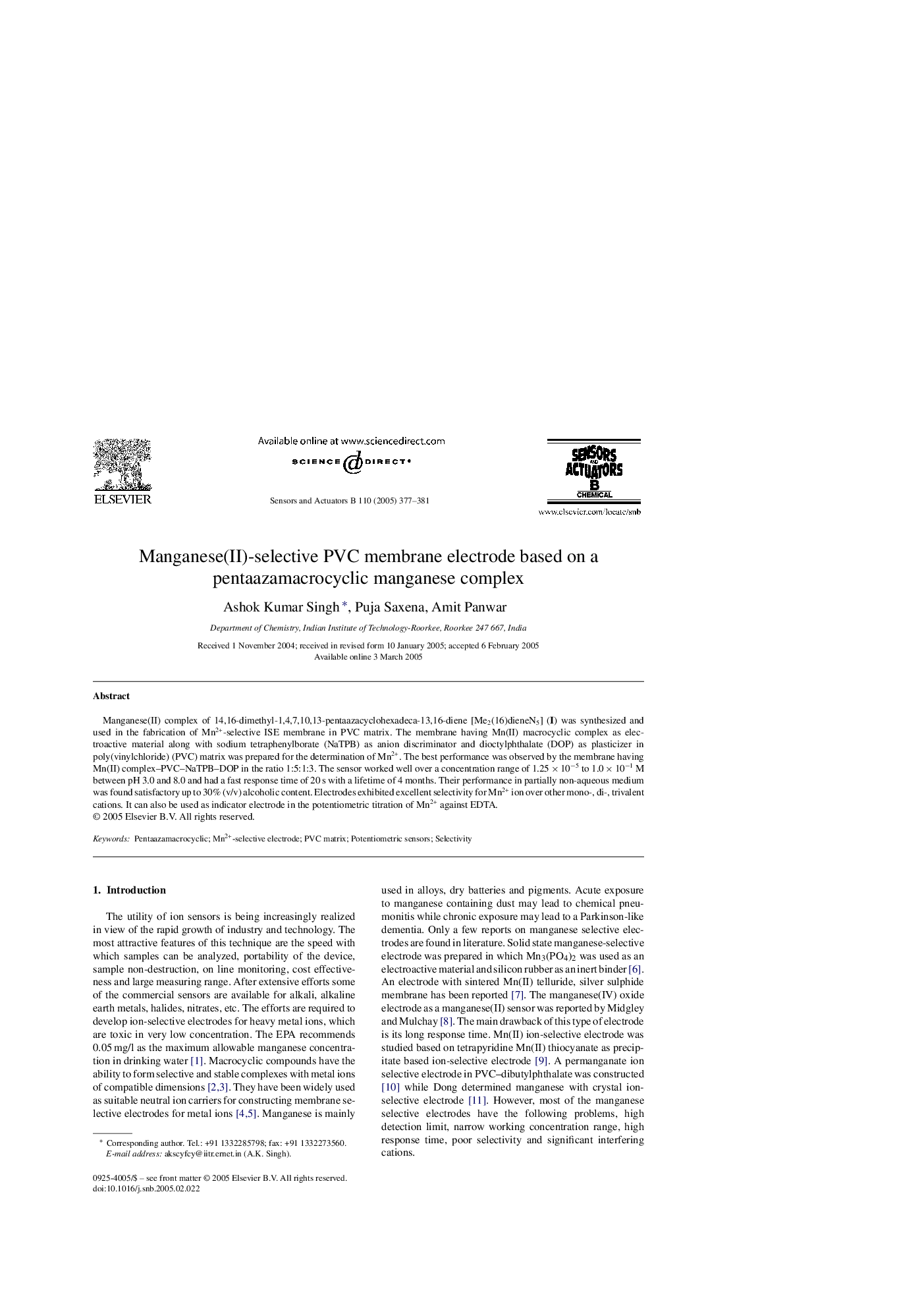 Manganese(II)-selective PVC membrane electrode based on a pentaazamacrocyclic manganese complex