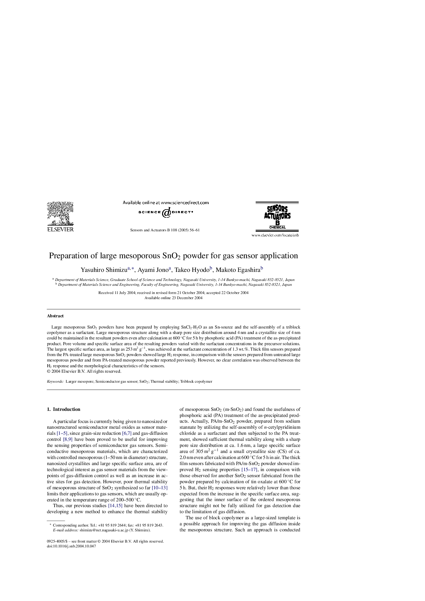 Preparation of large mesoporous SnO2 powder for gas sensor application