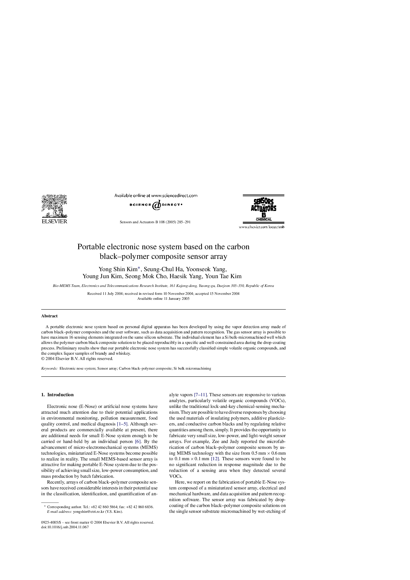 Portable electronic nose system based on the carbon black-polymer composite sensor array