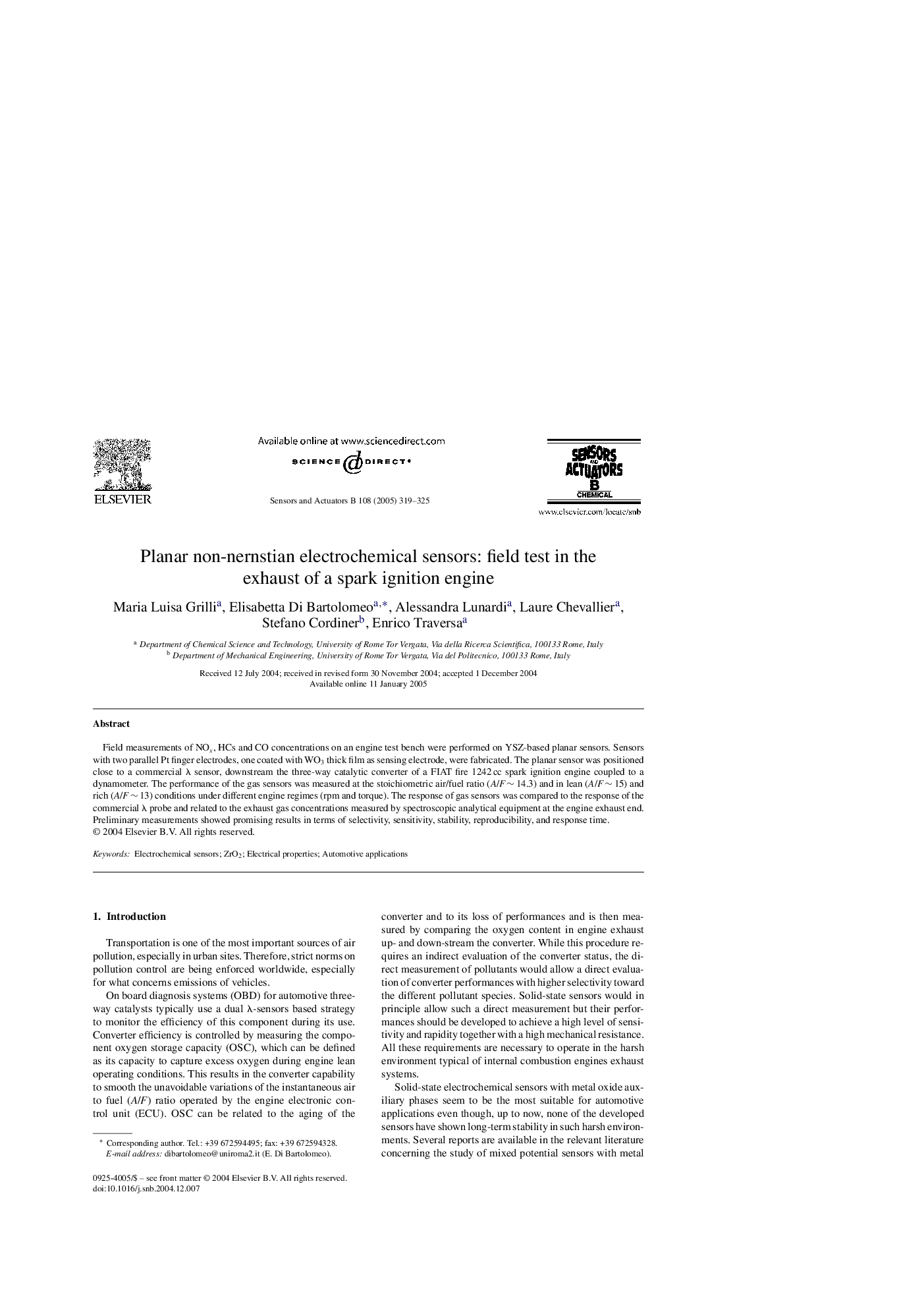 Planar non-nernstian electrochemical sensors: field test in the exhaust of a spark ignition engine