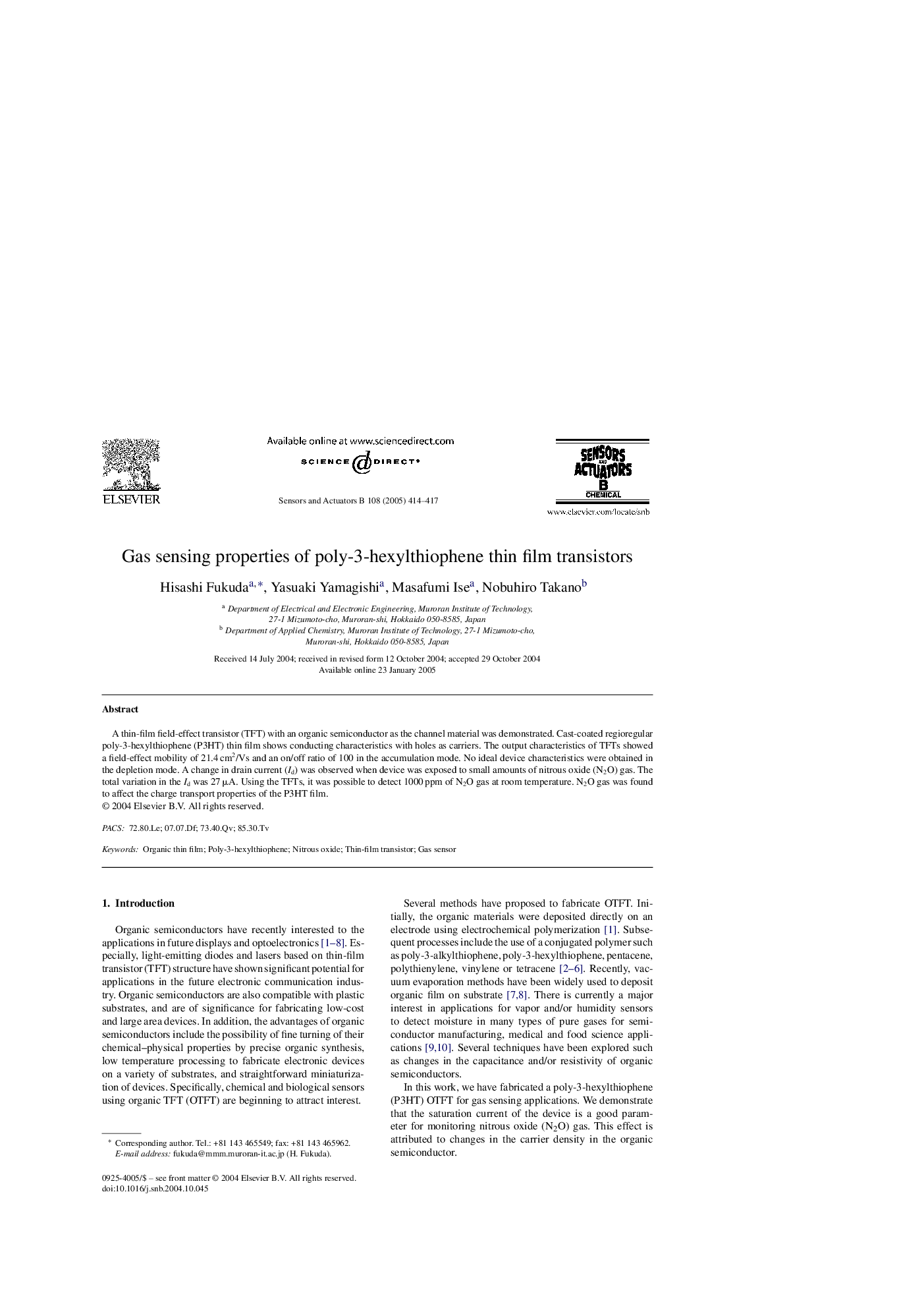 Gas sensing properties of poly-3-hexylthiophene thin film transistors