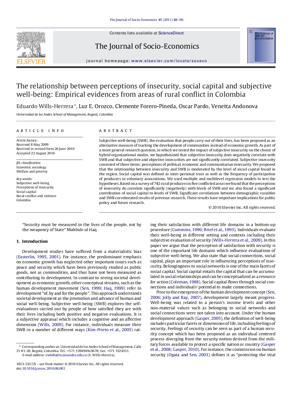 The relationship between perceptions of insecurity, social capital and subjective well-being: Empirical evidences from areas of rural conflict in Colombia