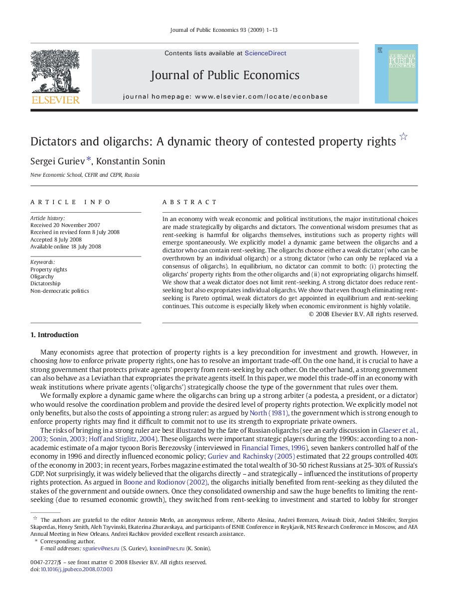 Dictators and oligarchs: A dynamic theory of contested property rights 