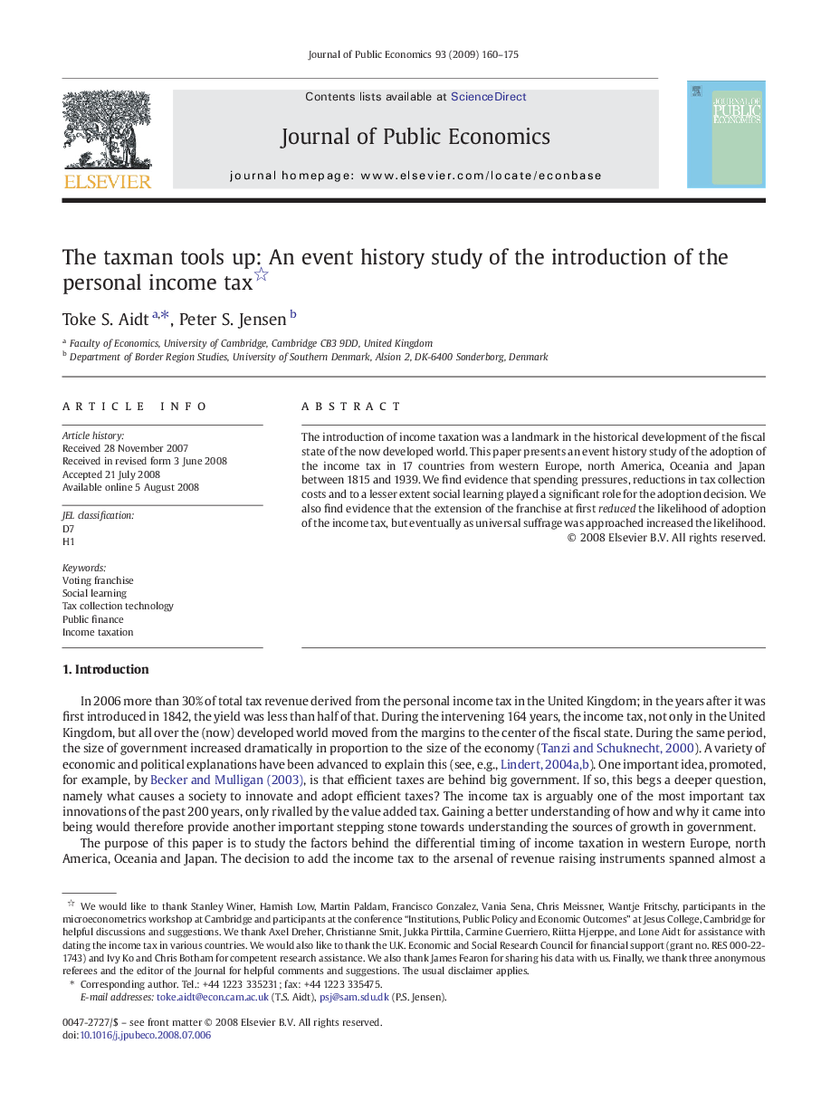 The taxman tools up: An event history study of the introduction of the personal income tax 