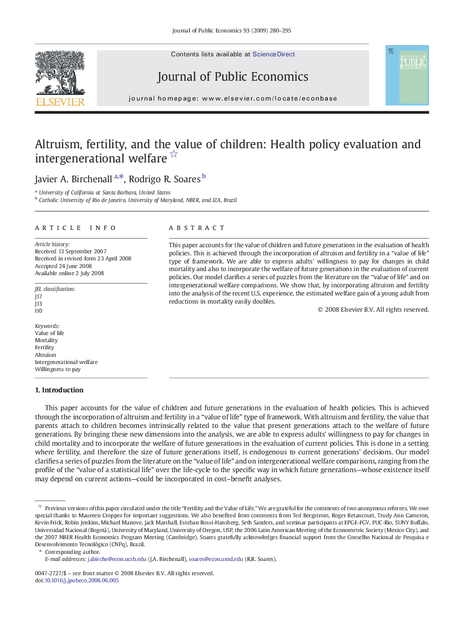 Altruism, fertility, and the value of children: Health policy evaluation and intergenerational welfare