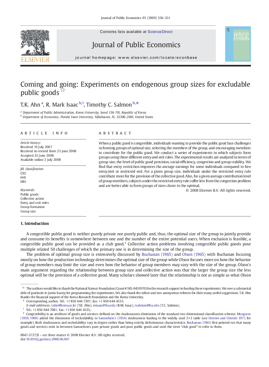 Coming and going: Experiments on endogenous group sizes for excludable public goods 