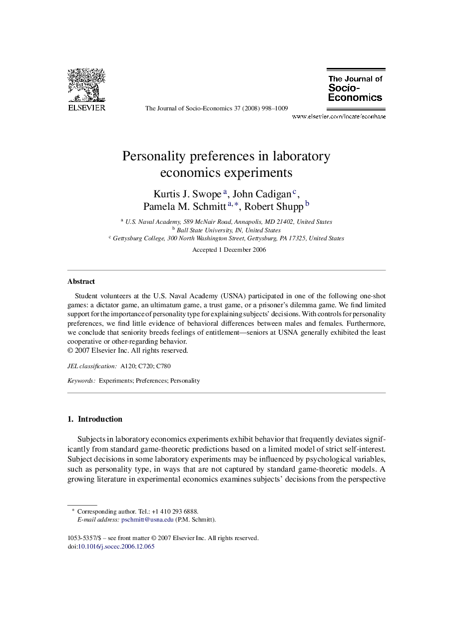 Personality preferences in laboratory economics experiments