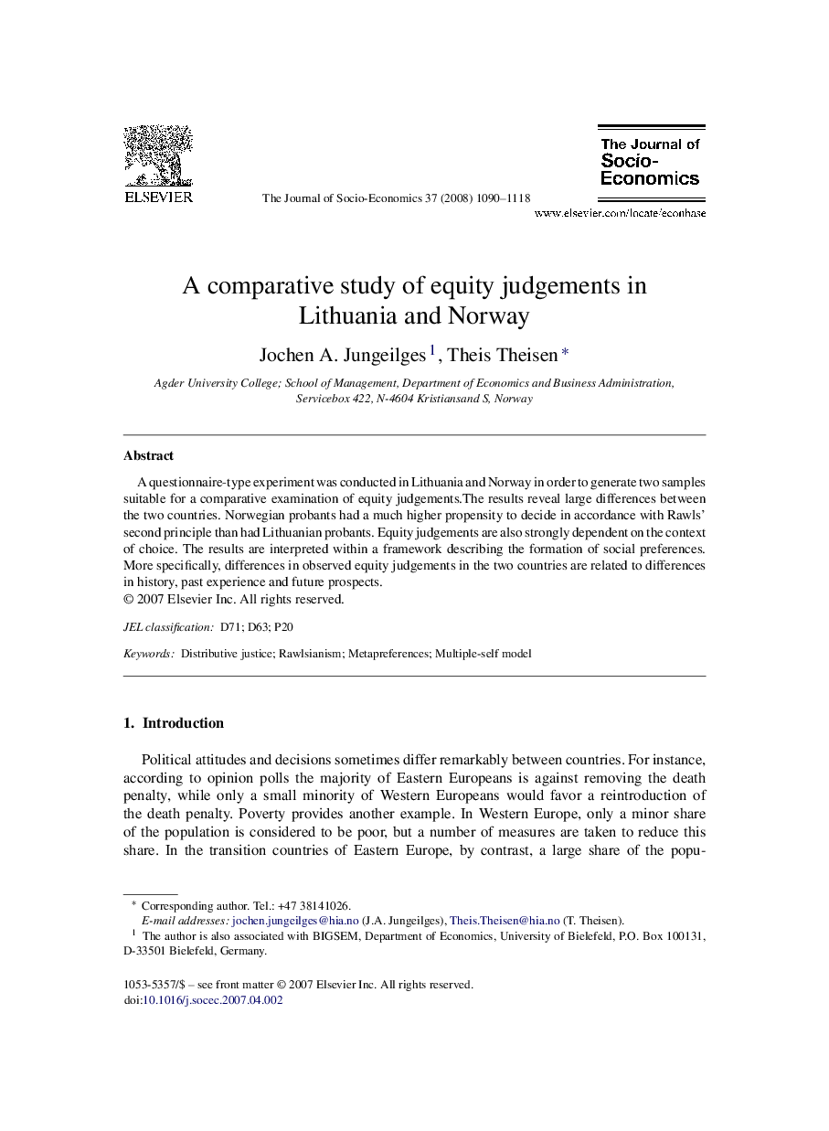 A comparative study of equity judgements in Lithuania and Norway