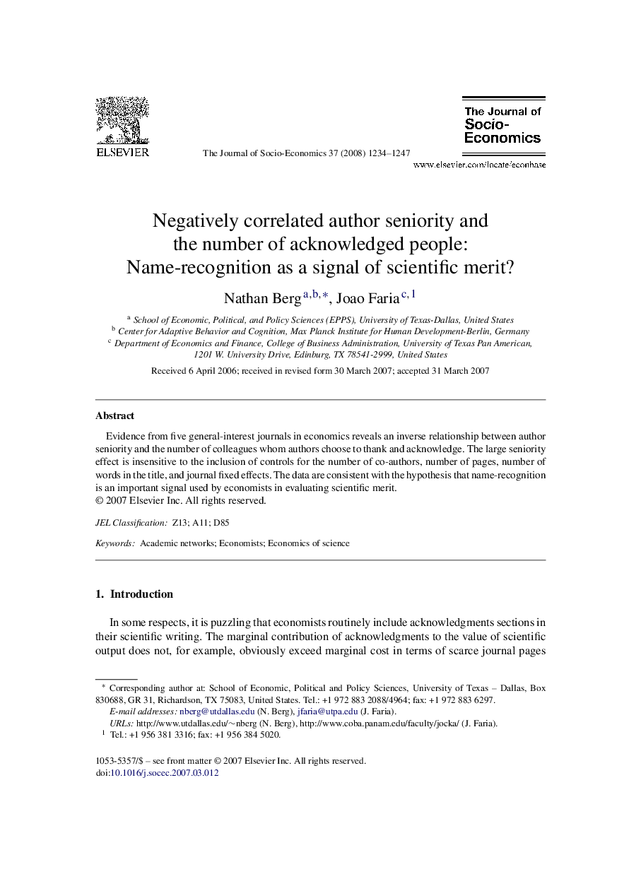 Negatively correlated author seniority and the number of acknowledged people: Name-recognition as a signal of scientific merit?