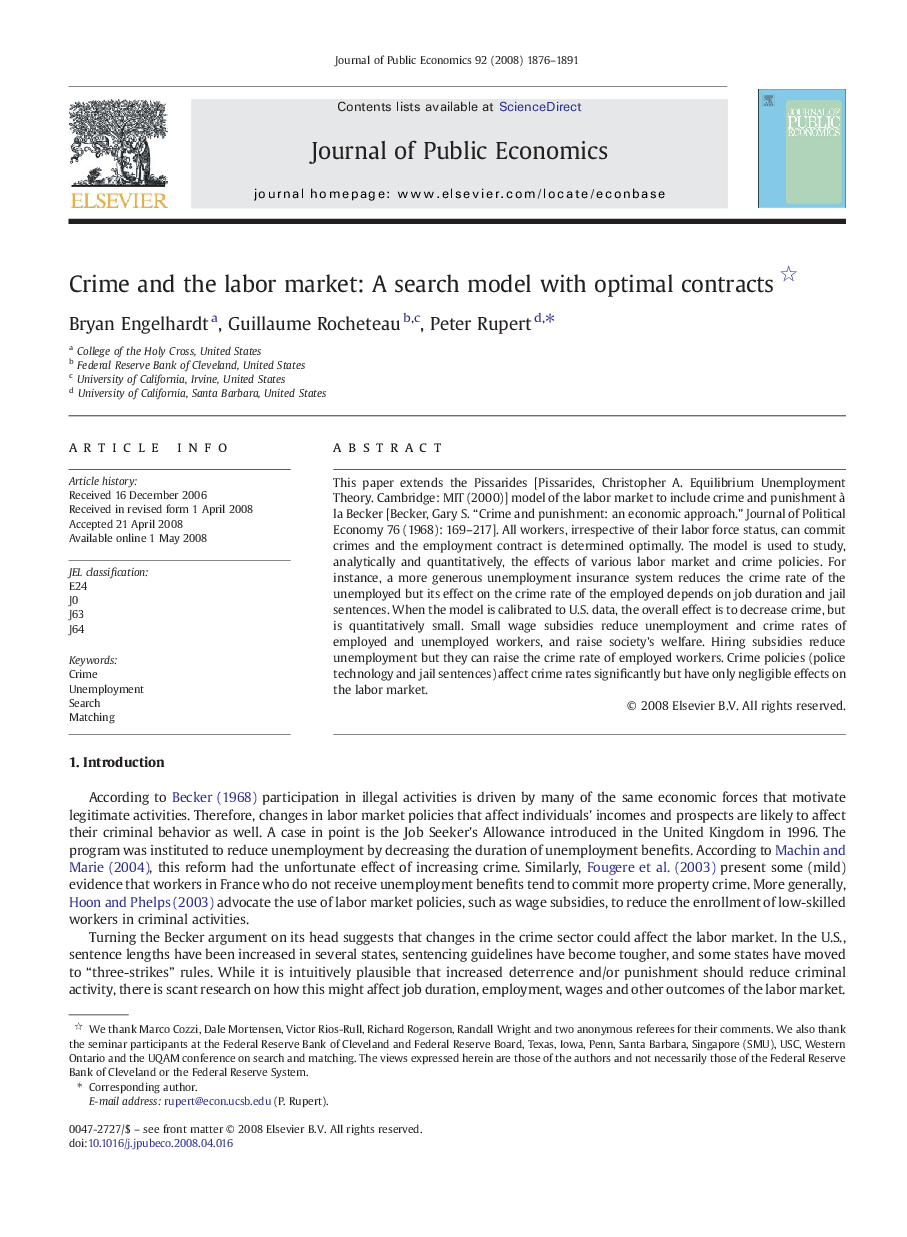 Crime and the labor market: A search model with optimal contracts 