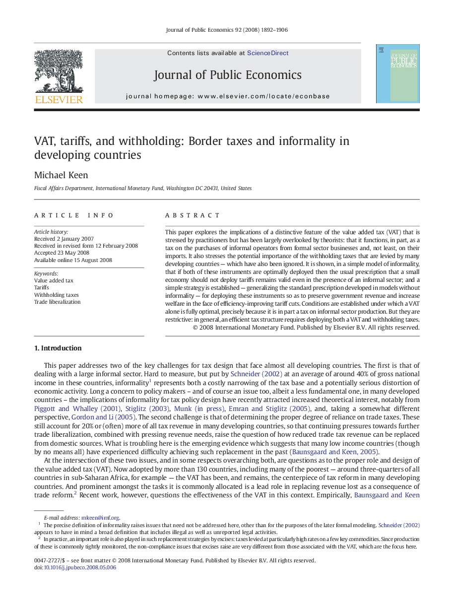 VAT, tariffs, and withholding: Border taxes and informality in developing countries