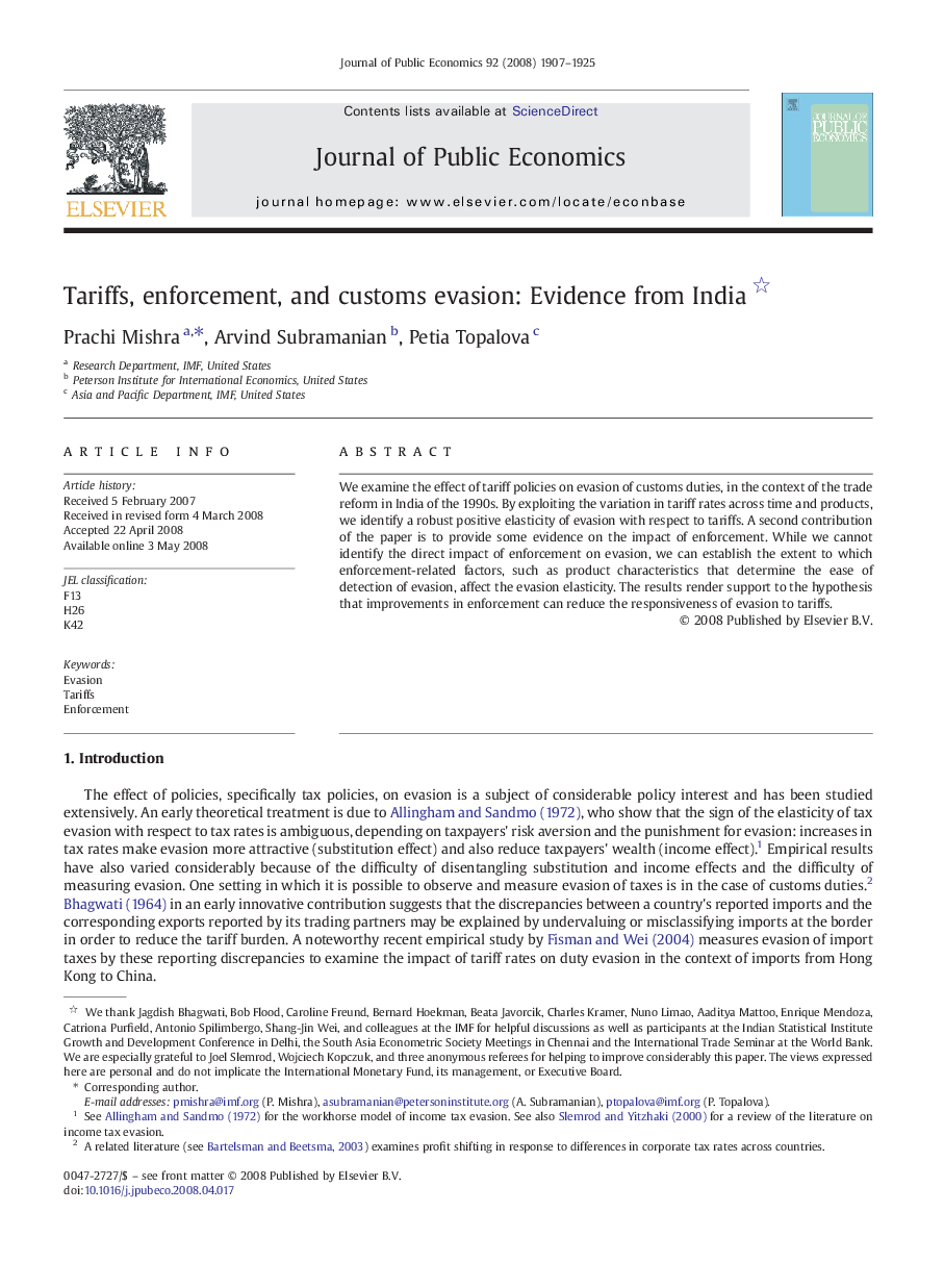 Tariffs, enforcement, and customs evasion: Evidence from India 