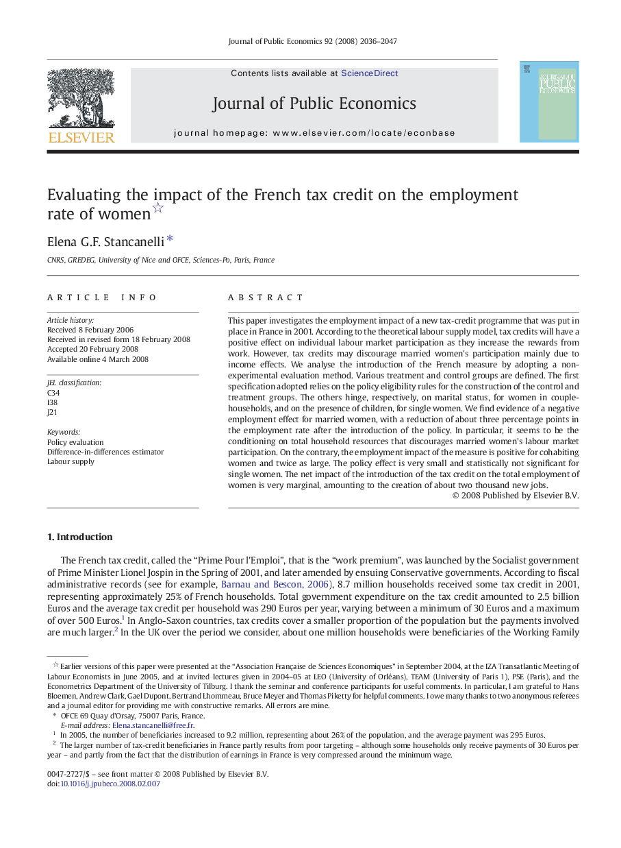 Evaluating the impact of the French tax credit on the employment rate of women 