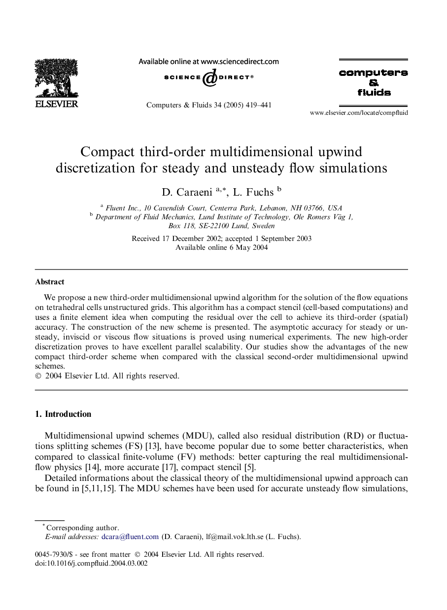 Compact third-order multidimensional upwind discretization for steady and unsteady flow simulations