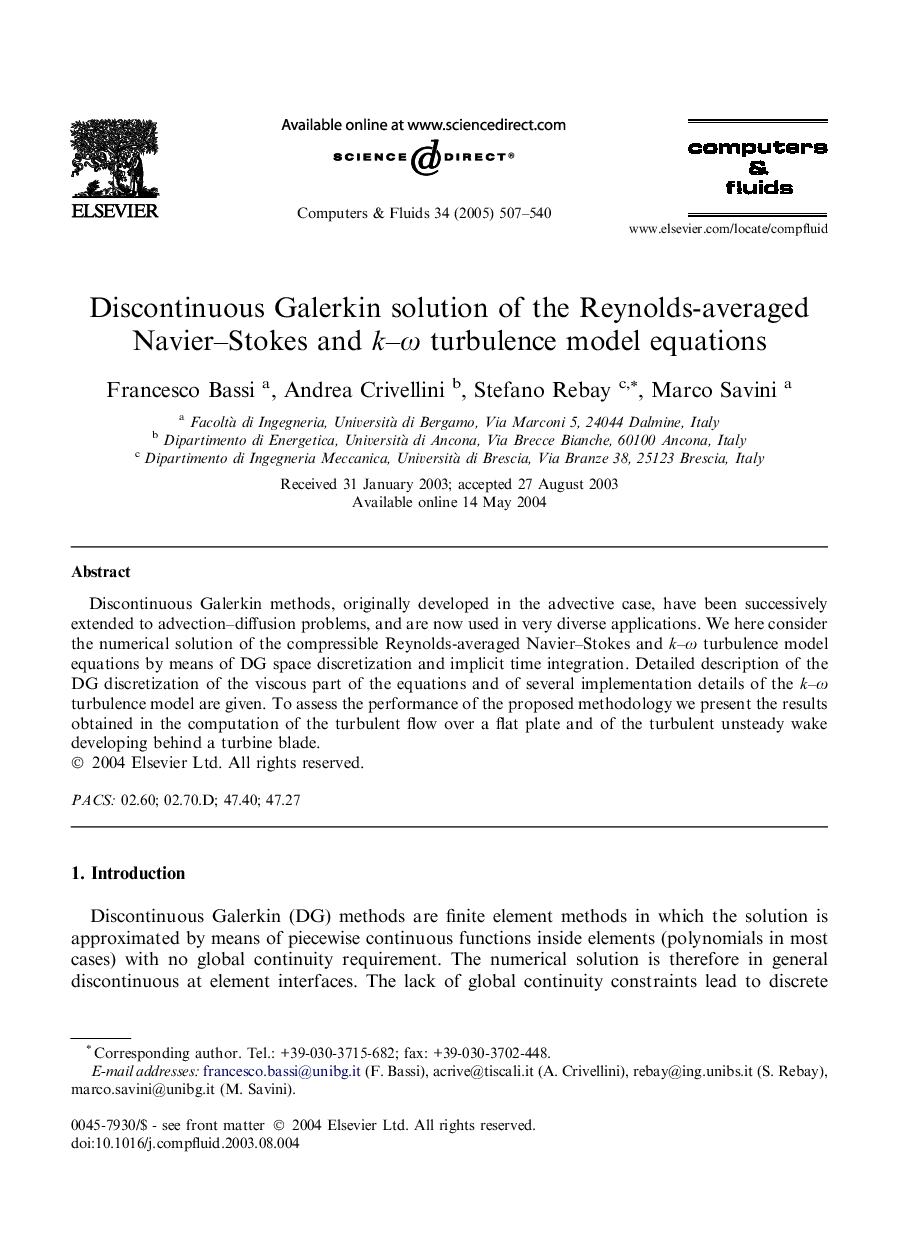 Discontinuous Galerkin solution of the Reynolds-averaged Navier-Stokes and k-Ï turbulence model equations