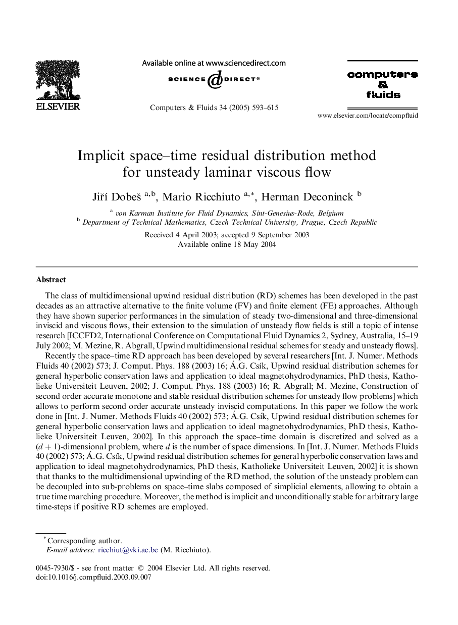 Implicit space-time residual distribution method for unsteady laminar viscous flow