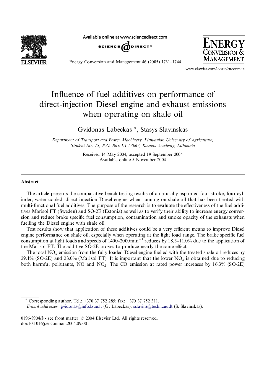 Influence of fuel additives on performance of direct-injection Diesel engine and exhaust emissions when operating on shale oil