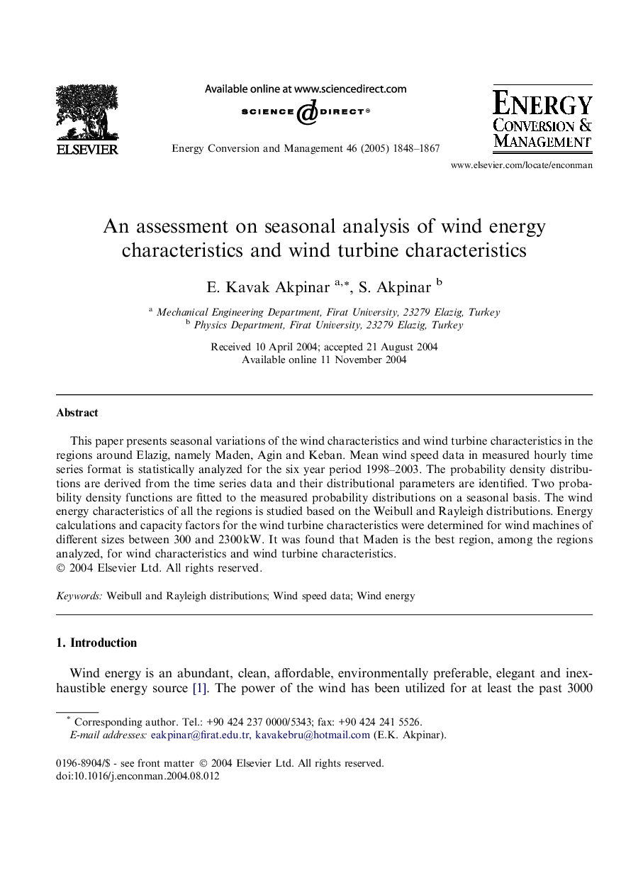 An assessment on seasonal analysis of wind energy characteristics and wind turbine characteristics