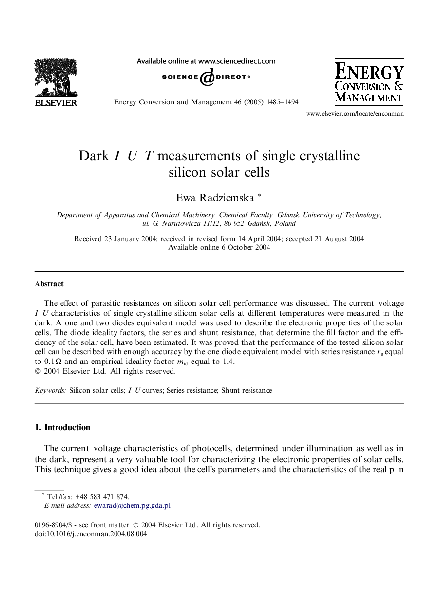 Dark I-U-T measurements of single crystalline silicon solar cells