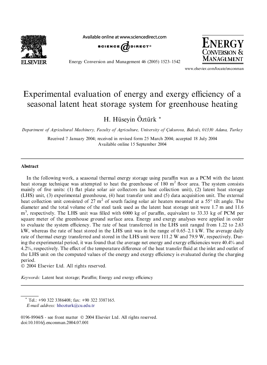 Experimental evaluation of energy and exergy efficiency of a seasonal latent heat storage system for greenhouse heating