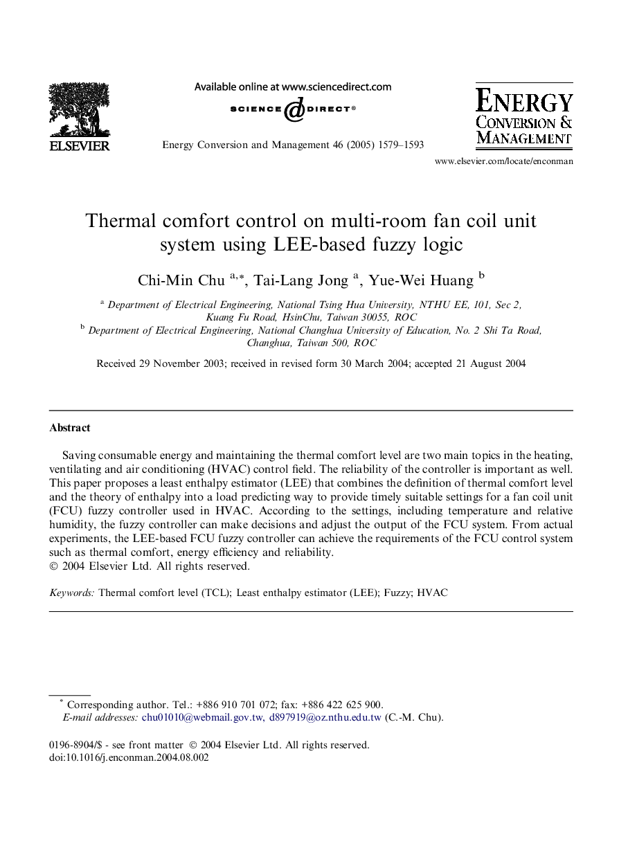 Thermal comfort control on multi-room fan coil unit system using LEE-based fuzzy logic