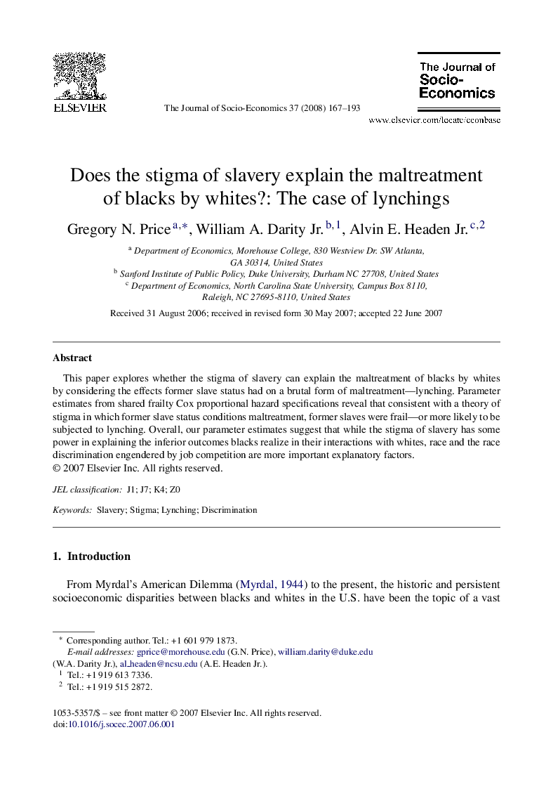 Does the stigma of slavery explain the maltreatment of blacks by whites?: The case of lynchings