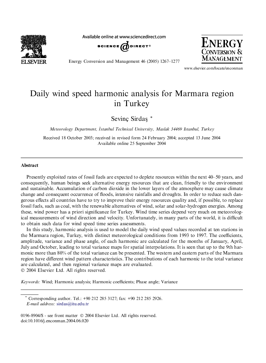 Daily wind speed harmonic analysis for Marmara region in Turkey