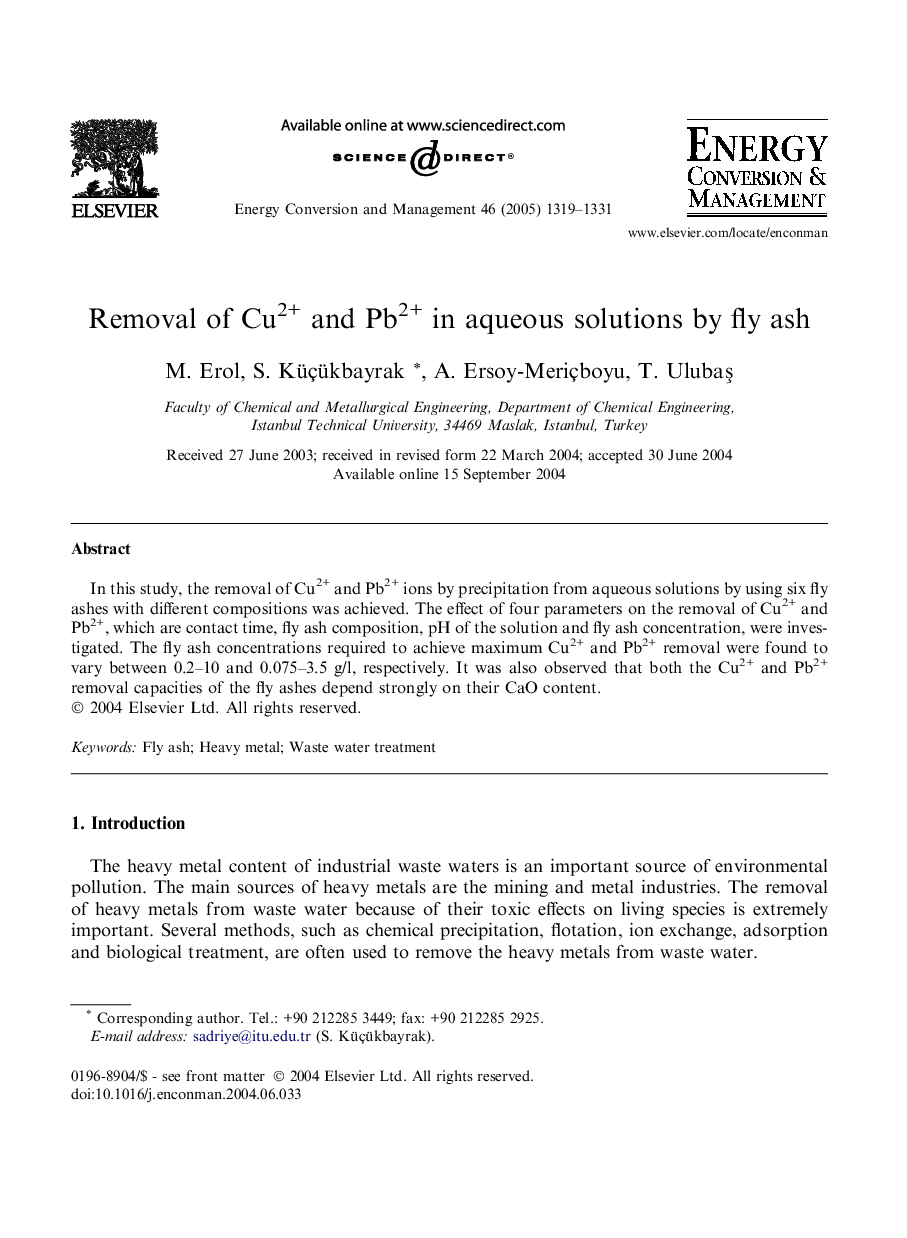 Removal of Cu2+ and Pb2+ in aqueous solutions by fly ash