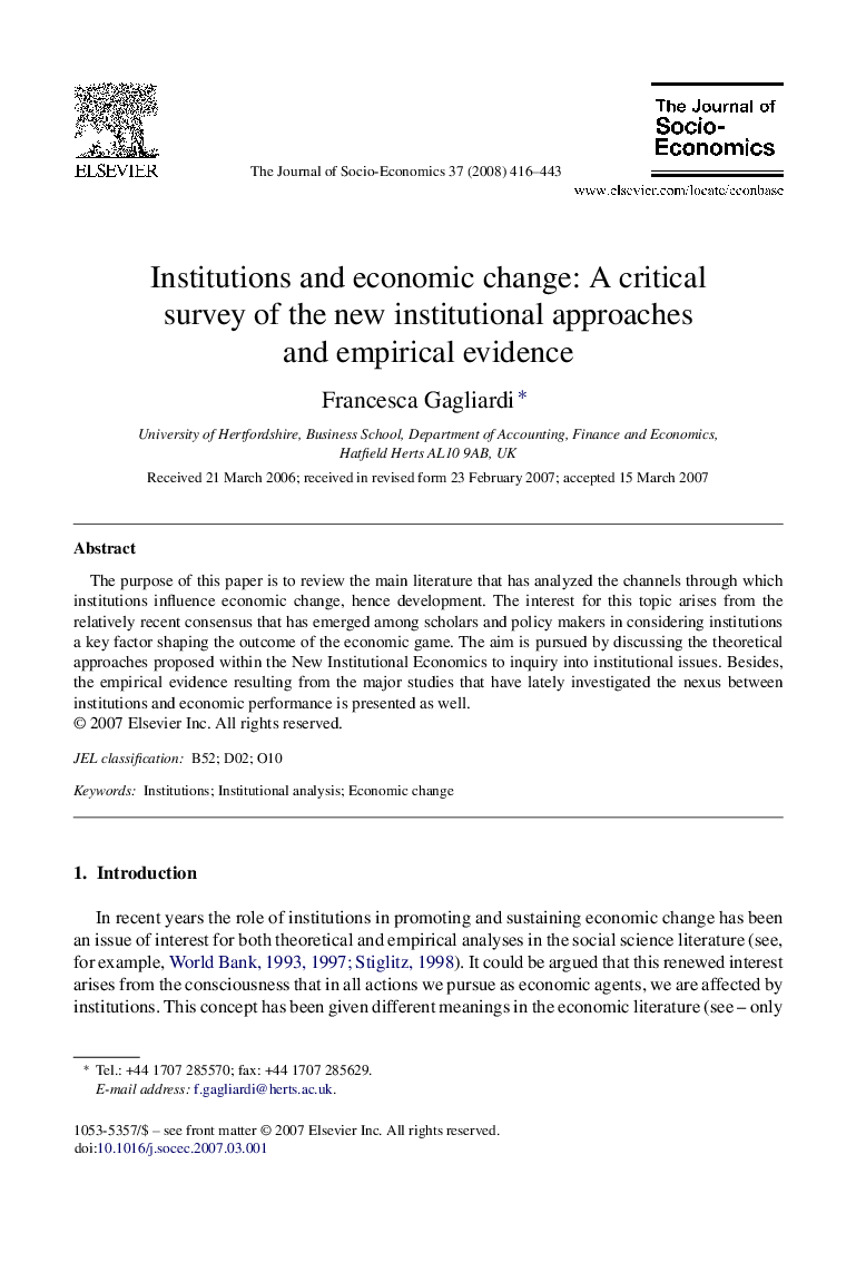 Institutions and economic change: A critical survey of the new institutional approaches and empirical evidence